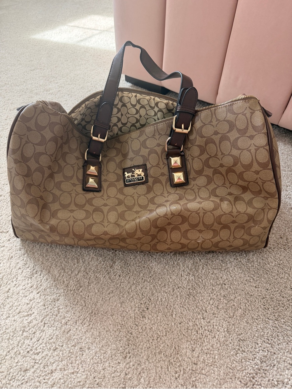 Coach Brown Signature Canvas Travel Satchel with Stud Details